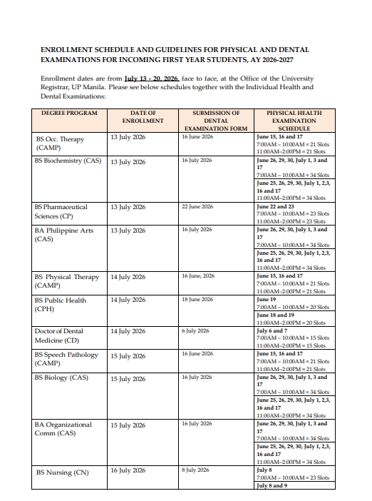 Enrollment Schedule and Guidelines for Physical and Dental Examinations_Incoming First Year Students_AY 2026-2027